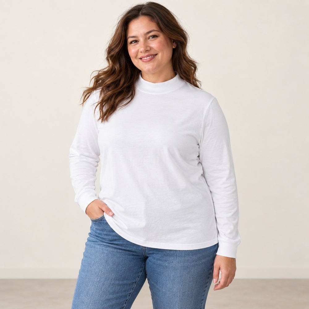 LL Bean Womens White Mock Neck Long Sleeve Size Large Clean Girl Layering Granny